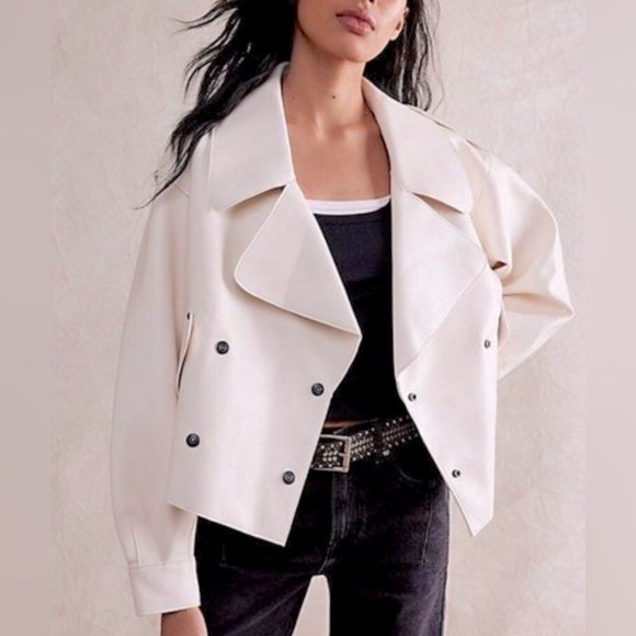 Free People Jackets & Blazers - Free People Alexis Cropped Trench Jacket Vegan Leather Oversized Cream Size M